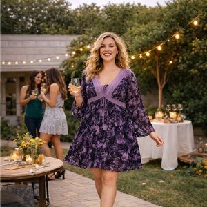 Torrid Size 2 Purple Black Boho Dress Lace Trim Babydoll Tunic Plus Size 2